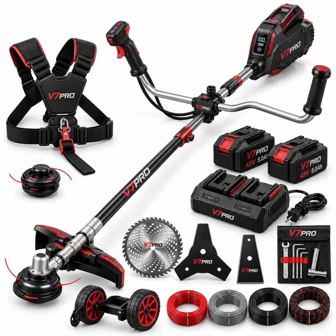 V7PRO cordless brush cutter kit with two batteries and blade set